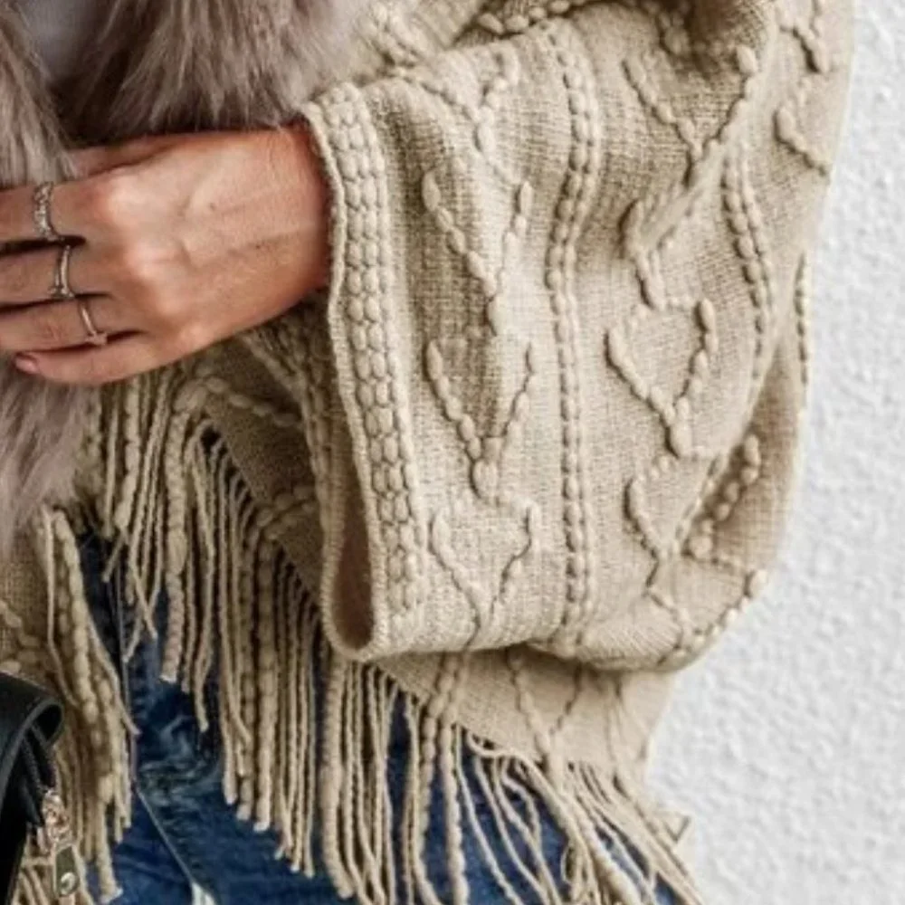 Faux fur Trim Textured Knit  Open front Sweater Cardigan Khaki - Picture 6 of 9